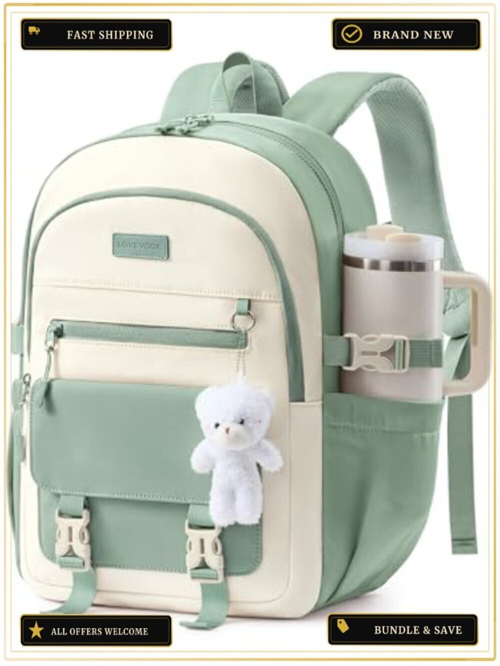 Large Laptop Backpack for Teen Girls, 15.6 Inch, Water Resistant with Cup